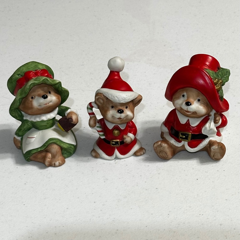 HOMCO 5600 Ceramic Christmas Bear Family Figurine Set of 3 Vintage Holiday Decor